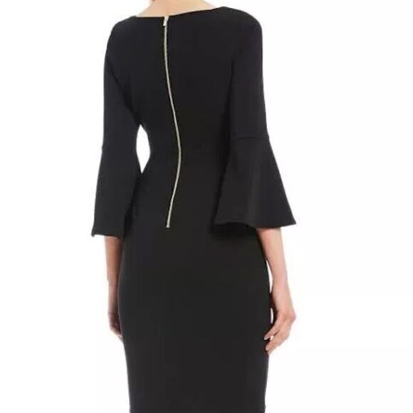 EUC Calvin Klein Black Stretch Crepe Sheath Dress w/ Bell Sleeves Size 6 - Picture 2 of 5